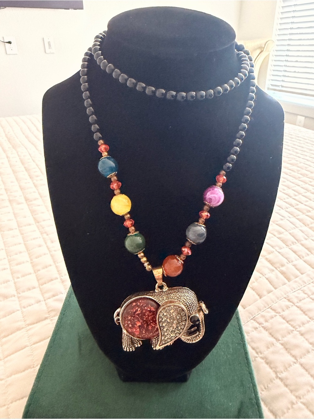 Vintage Multicolor Beaded Necklace with Gold Elephant Pendant
